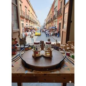 Vintage Salt & Pepper with Caddy Mexico Hand Painted Art Souvenir